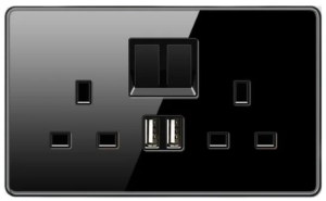 DOUBLE SOCKET OUTLET UK + DUAL USB 2.0 TEMPERED GLASS GLOSS BLACK
