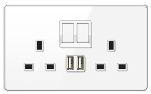 DOUBLE SOCKET OUTLET UK + DUAL USB 2.0 TEMPERED GLASS GLOSS WHITE