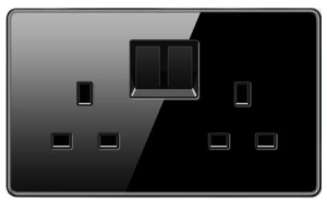 DOUBLE SOCKET OUTLET UK TEMPERED GLASS GLOSS BLACK