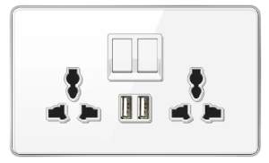 DOUBLE SOCKET OUTLET UNIVERSAL + DUAL USB 2.0 TEMPERED GLASS GLOSS WHITE