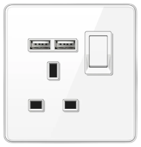 SINGLE SOCKET OUTLET UK + DUAL USB 2.0 TEMPERED GLASS GLOSS WHITE