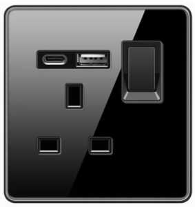 SINGLE SOCKET OUTLET UK + USB 2.0 + TYPE C TEMPERED GLASS GLOSS BLACK
