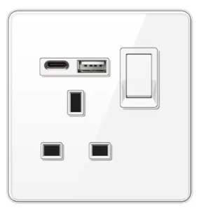 SINGLE SOCKET OUTLET UK + USB 2.0 + TYPE C TEMPERED GLASS GLOSS WHITE