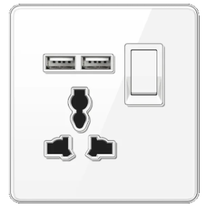 SINGLE SOCKET OUTLET UNIVERSAL + DUAL USB 2.0 TEMPERED GLASS GLOSS WHITE