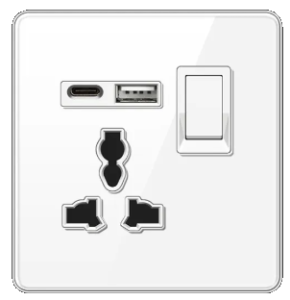 SINGLE SOCKET OUTLET UNIVERSAL + USB 2.0 + TYPE C TEMPERED GLASS GLOSS WHITE
