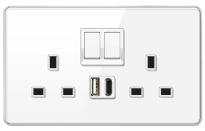 DOUBLE SOCKET OUTLET UK + USB 2.0 + TYPE C TEMPERED GLASS GLOSS WHITE