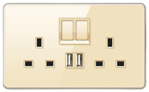 DOUBLE SOCKET OUTLET UK + DUAL USB 2.0 TEMPERED GLASS CHAMPAGNE GOLD