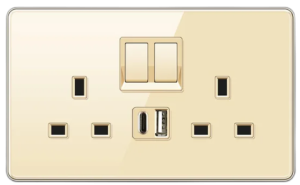 DOUBLE SOCKET OUTLET UK + USB 2.0 + TYPE C TEMPERED GLASS CHAMPAGNE GOLD