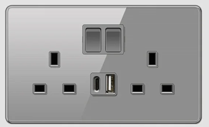 DOUBLE SOCKET OUTLET UK + USB 2.0 + TYPE C TEMPERED GLASS GLOSS GREY