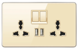 DOUBLE SOCKET OUTLET UNIVERSAL + DUAL USB 2.0 TEMPERED GLASS CHAMPAGNE GOLD