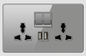 DOUBLE SOCKET OUTLET UNIVERSAL + DUAL USB 2.0 TEMPERED GLASS GLOSS GREY
