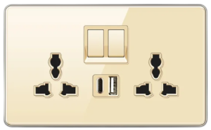 DOUBLE SOCKET OUTLET UNIVERSAL + USB 2.0 + TYPE C TEMPERED GLASS CHAMPAGNE GOLD