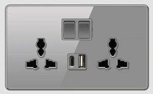 DOUBLE SOCKET OUTLET UNIVERSAL + USB 2.0 + TYPE C TEMPERED GLASS GLOSS GREY