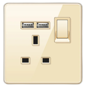 SINGLE SOCKET OUTLET UK + DUAL USB 2.0 TEMPERED GLASS CHAMPAGNE GOLD