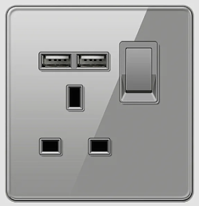 SINGLE SOCKET OUTLET UK + DUAL USB 2.0 TEMPERED GLASS GLOSS GREY