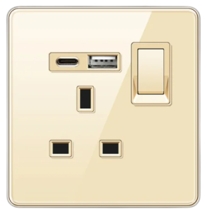 SINGLE SOCKET OUTLET UK + USB 2.0 + TYPE C TEMPERED GLASS CHAMPAGNE GOLD