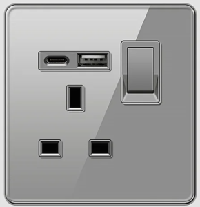SINGLE SOCKET OUTLET UK + USB 2.0 + TYPE C TEMPERED GLASS GLOSS GREY