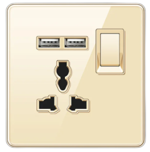 SINGLE SOCKET OUTLET UNIVERSAL + DUAL USB 2.0 TEMPERED GLASS CHAMPAGNE GOLD