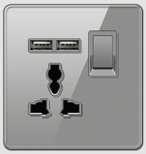SINGLE SOCKET OUTLET UNIVERSAL + DUAL USB 2.0 TEMPERED GLASS GLOSS GREY
