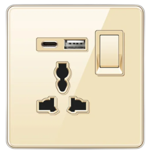 SINGLE SOCKET OUTLET UNIVERSAL + USB 2.0 + TYPE C TEMPERED GLASS CHAMPAGNE GOLD
