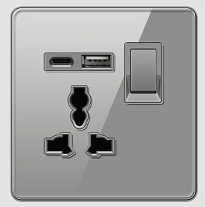 SINGLE SOCKET OUTLET UNIVERSAL + USB 2.0 + TYPE C TEMPERED GLASS GLOSS GREY