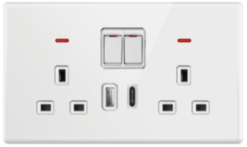 DOUBLE SOCKET OUTLET UK + USB 2.0 + TYPE C 