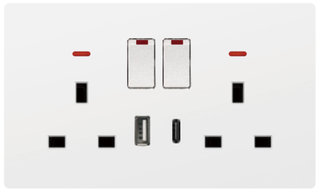 DOUBLE SOCKET OUTLET UK + USB 2.0 + TYPE C